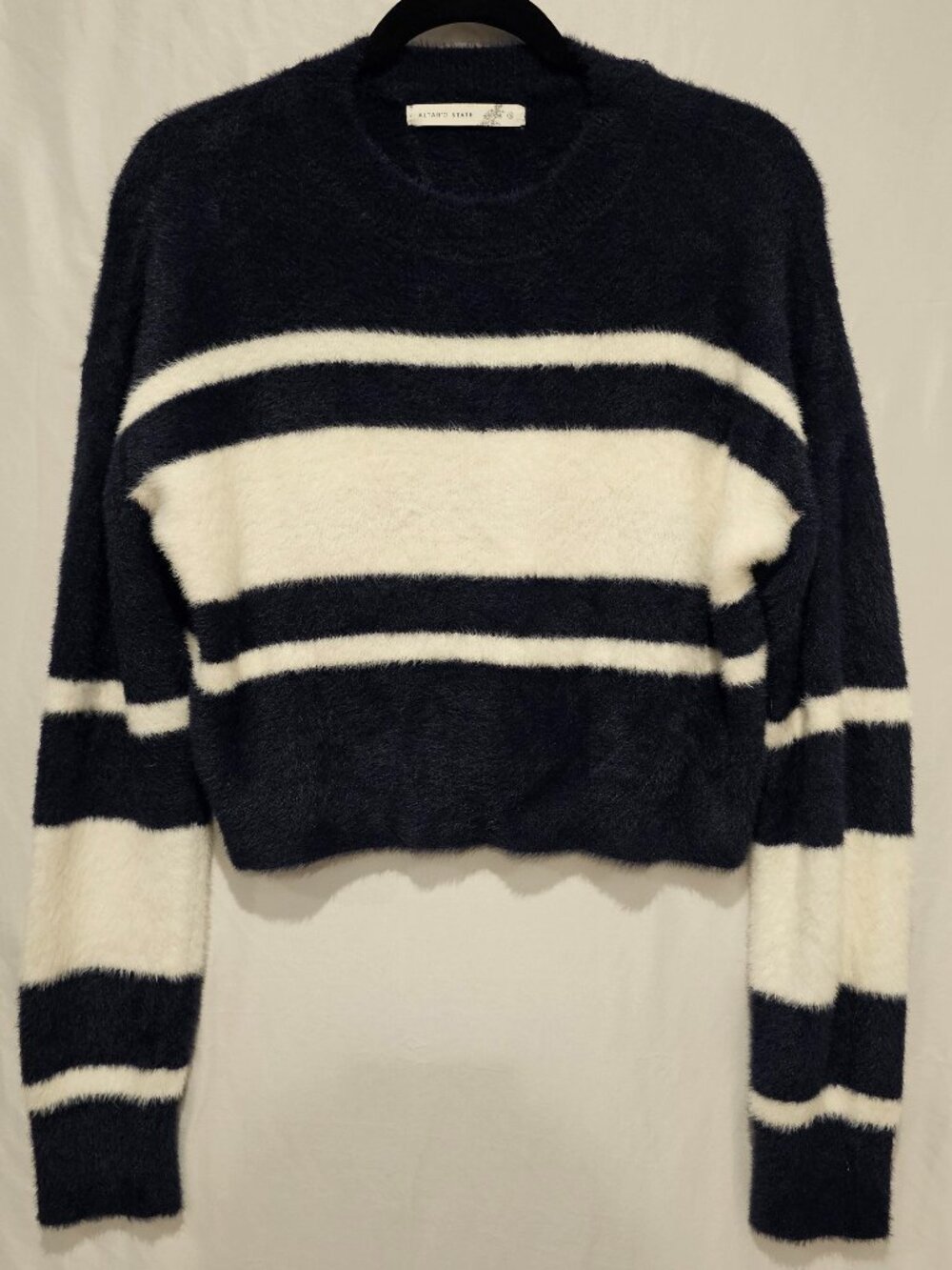 Altar'd State Striped Crop Sweater S Soft Fuzzy Eyelash Knit Navy Blue White